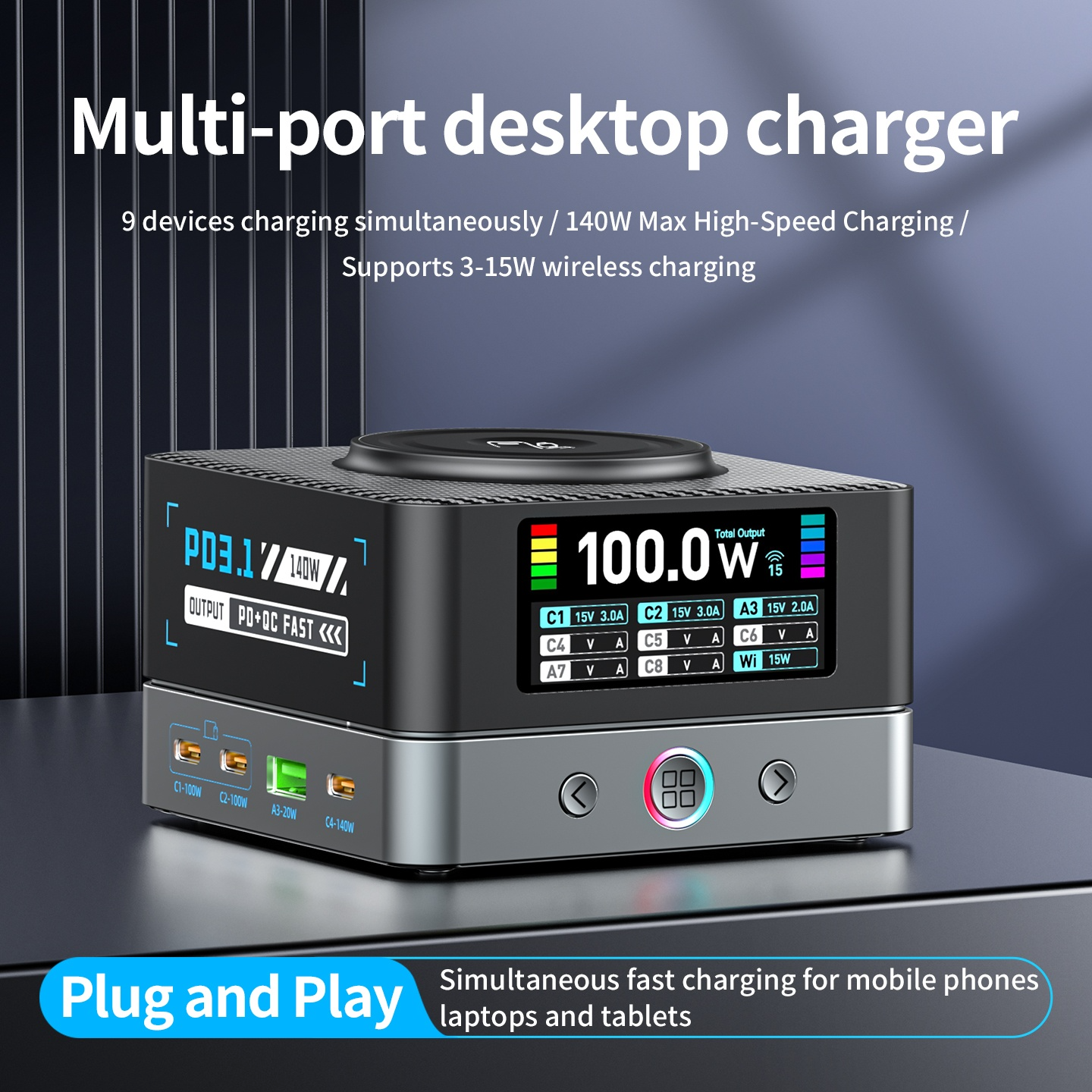 OEM Ladestation WLX-R8A QI Ladegerät, 140W, 5A, 2 x USB-A - 6 x USB-C, Grau