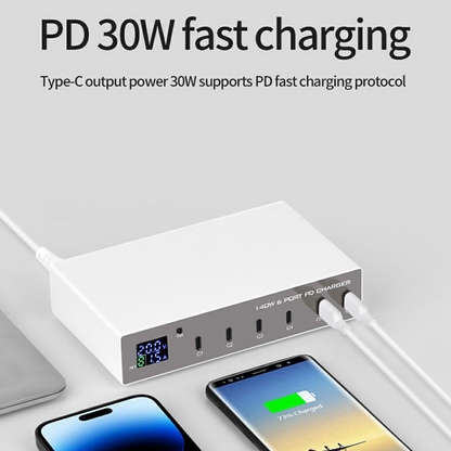 OEM Ladestation WLX-X6P Ladegerät, 140W, 3A, 6 x USB-C, Silber