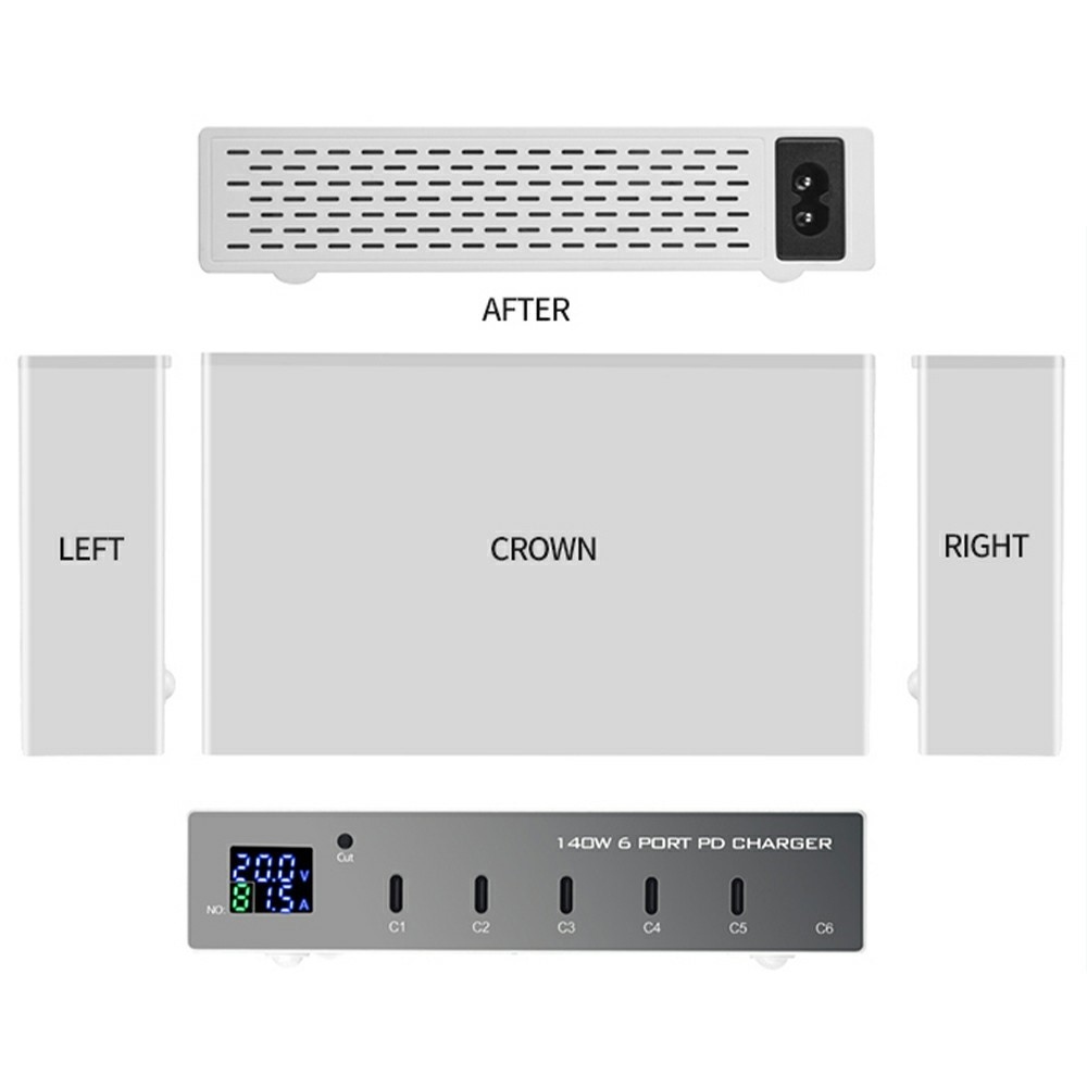 OEM Ladestation WLX-X6P Ladegerät, 140W, 3A, 6 x USB-C, Silber