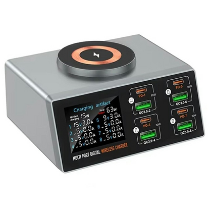 OEM Ladestation WLX-X9S QI, 140W, 3A, 4 x USB-A - 4 x USB-C, Silber