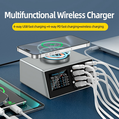 OEM Ladestation WLX-X9S QI, 140W, 3A, 4 x USB-A - 4 x USB-C, Silber