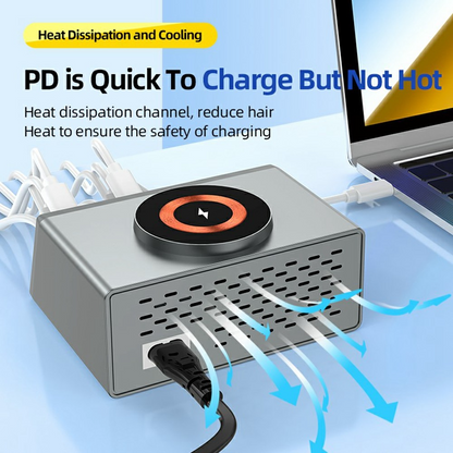 OEM Ladestation WLX-X9S QI, 140W, 3A, 4 x USB-A - 4 x USB-C, Silber