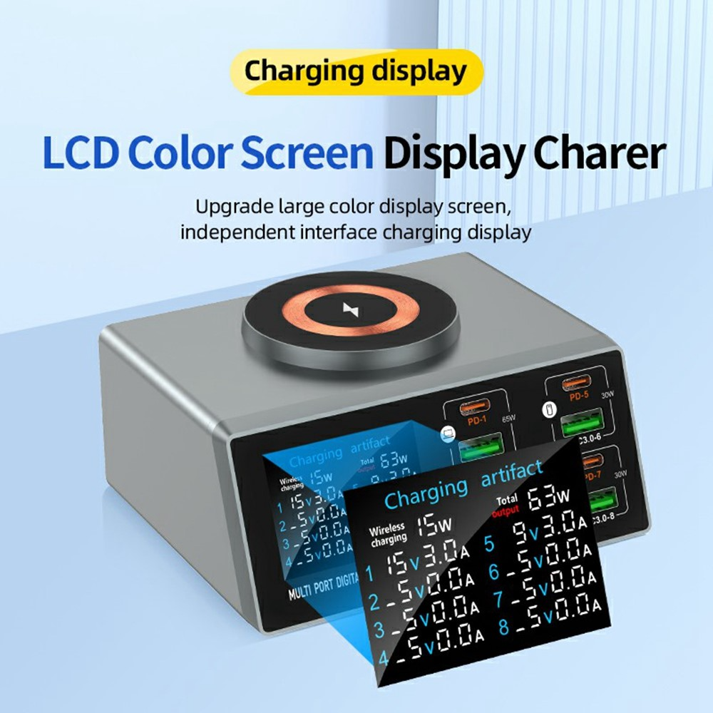 OEM Ladestation WLX-X9S QI, 140W, 3A, 4 x USB-A - 4 x USB-C, Silber