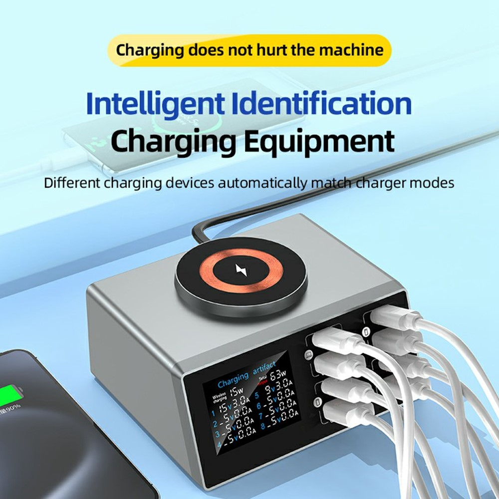 OEM Ladestation WLX-X9S QI, 140W, 3A, 4 x USB-A - 4 x USB-C, Silber