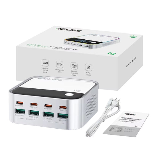 Ladestation Relife Q2, 120W, 5A, 4 x USB-A - 4 x USB-C, Silber