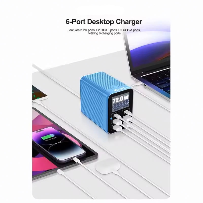 Ladestation Relife Q4, 72W, 5A, 2 x USB-C - 4 x USB-A, Blau