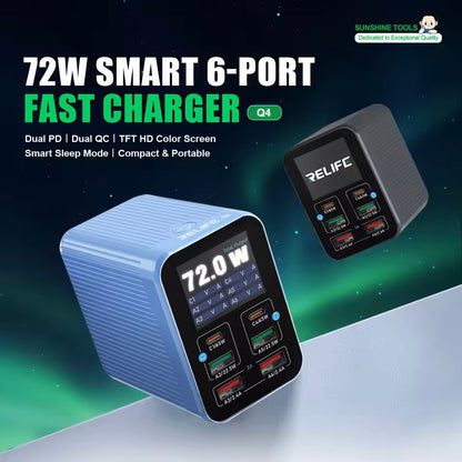 Ladestation Relife Q4, 72W, 5A, 2 x USB-C - 4 x USB-A, Grau