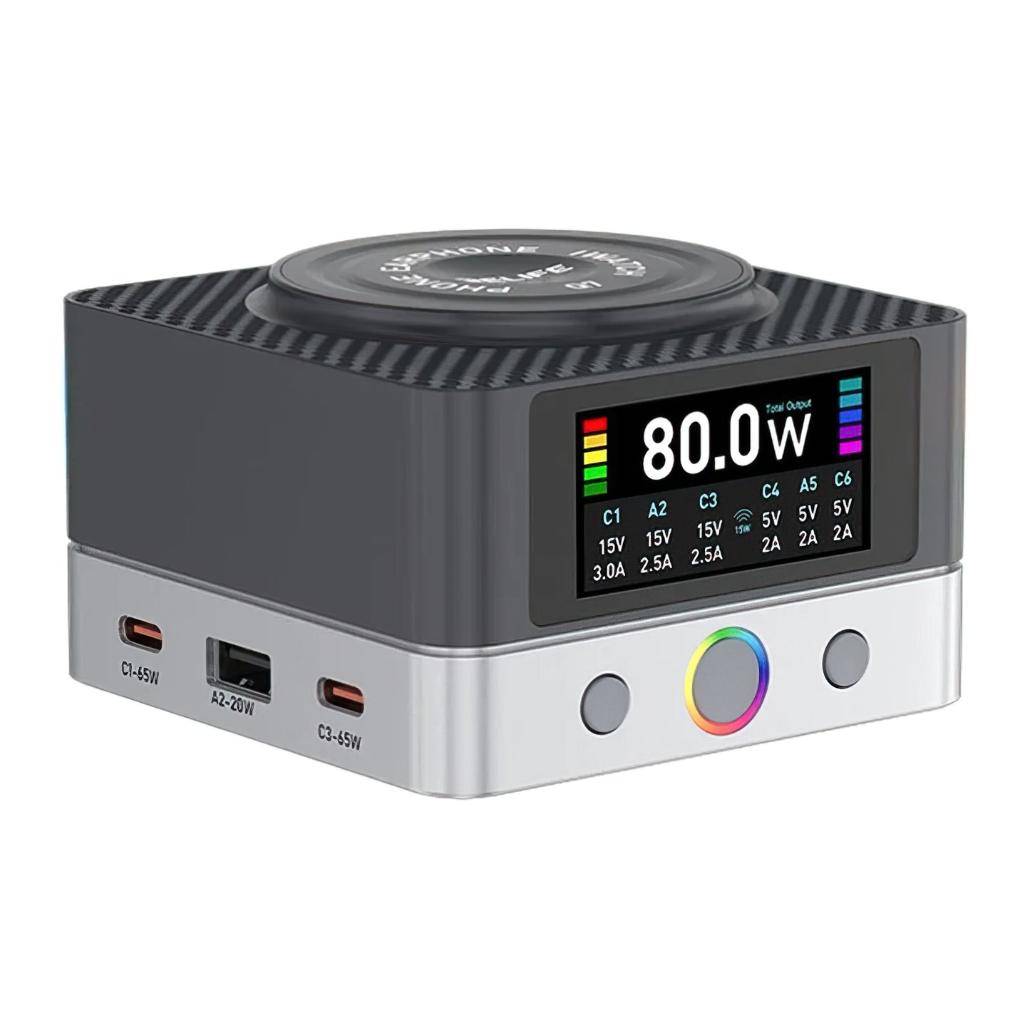 Ladestation Relife Q7 QI, 80W, 3.25A, 2 x USB-A - 4 x USB-C, Grau