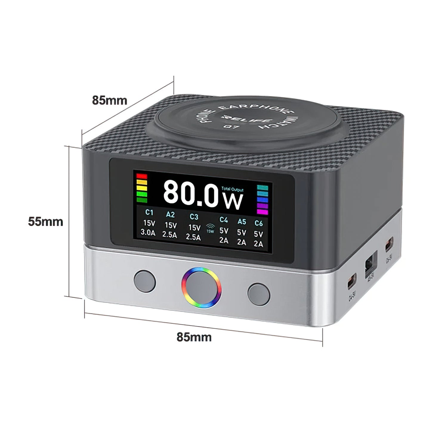 Ladestation Relife Q7 QI, 80W, 3.25A, 2 x USB-A - 4 x USB-C, Grau