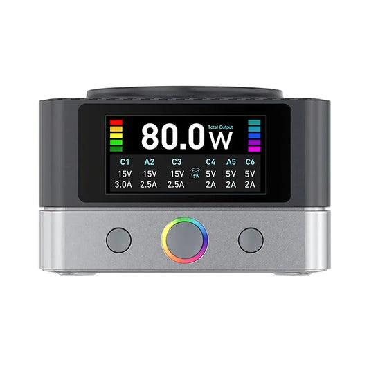 Ladestation Relife Q7 QI, 80W, 3.25A, 2 x USB-A - 4 x USB-C, Grau