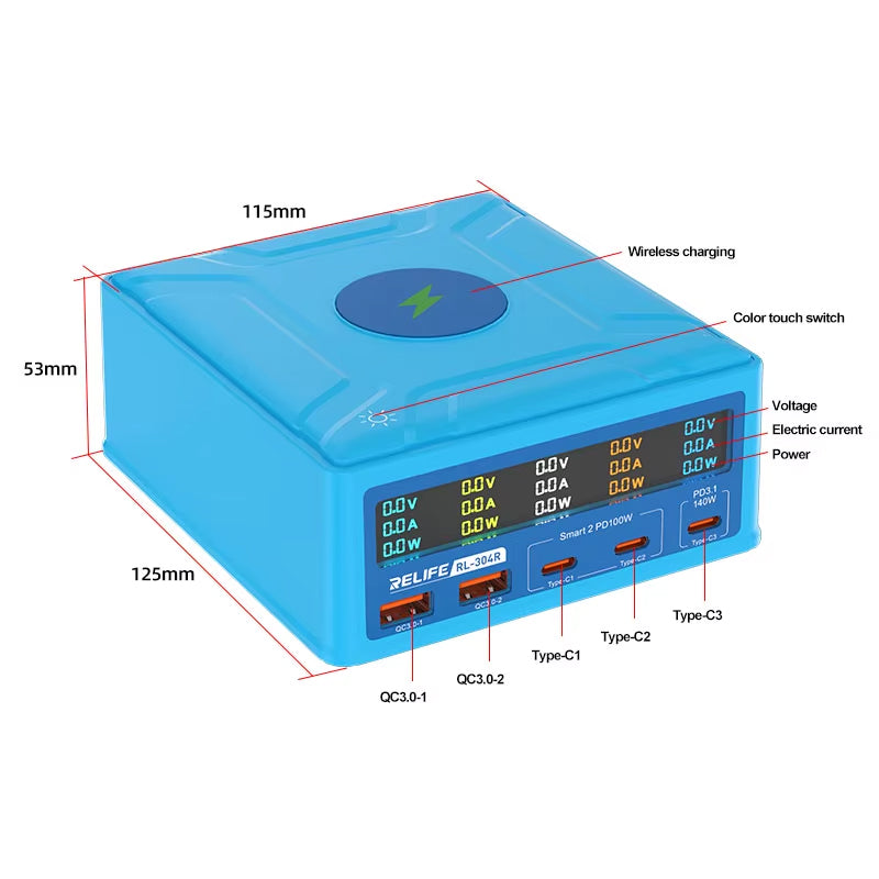 Ladestation Relife RL-304R QI, 260W, 3A, 2 x USB-A - 3 x USB-C, Blau