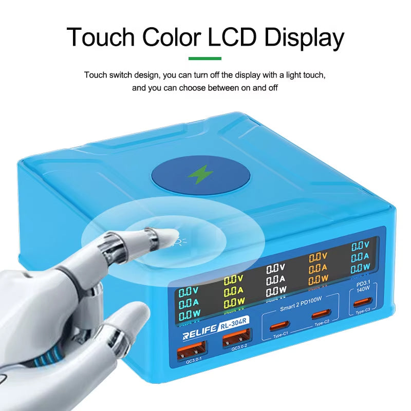 Ladestation Relife RL-304R QI, 260W, 3A, 2 x USB-A - 3 x USB-C, Blau