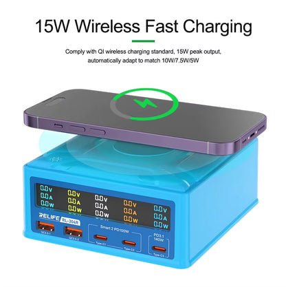 Ladestation Relife RL-304R QI, 260W, 3A, 2 x USB-A - 3 x USB-C, Blau