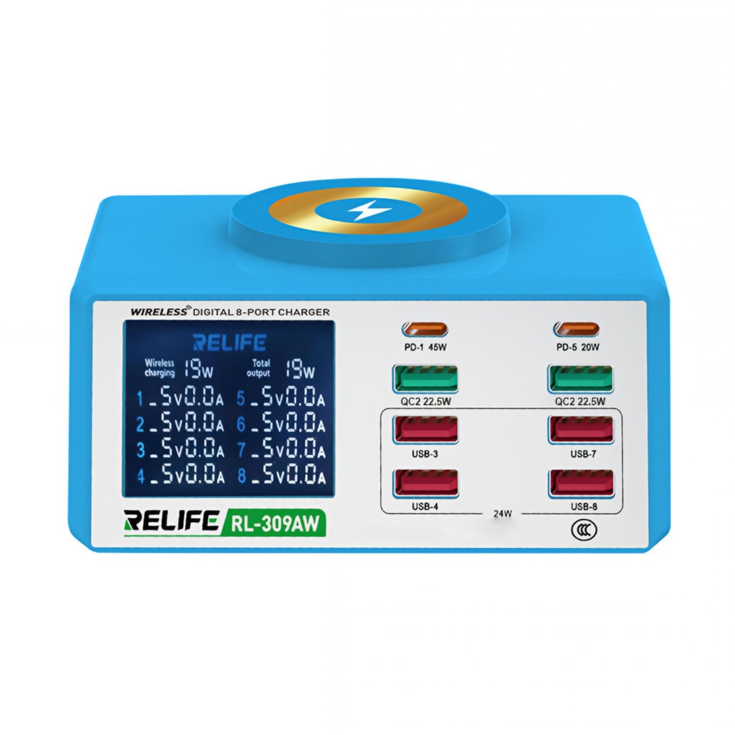 Ladestation Relife RL-309AW, 100W, 5A, 2 x USB-C - 6 x USB-A, Blau