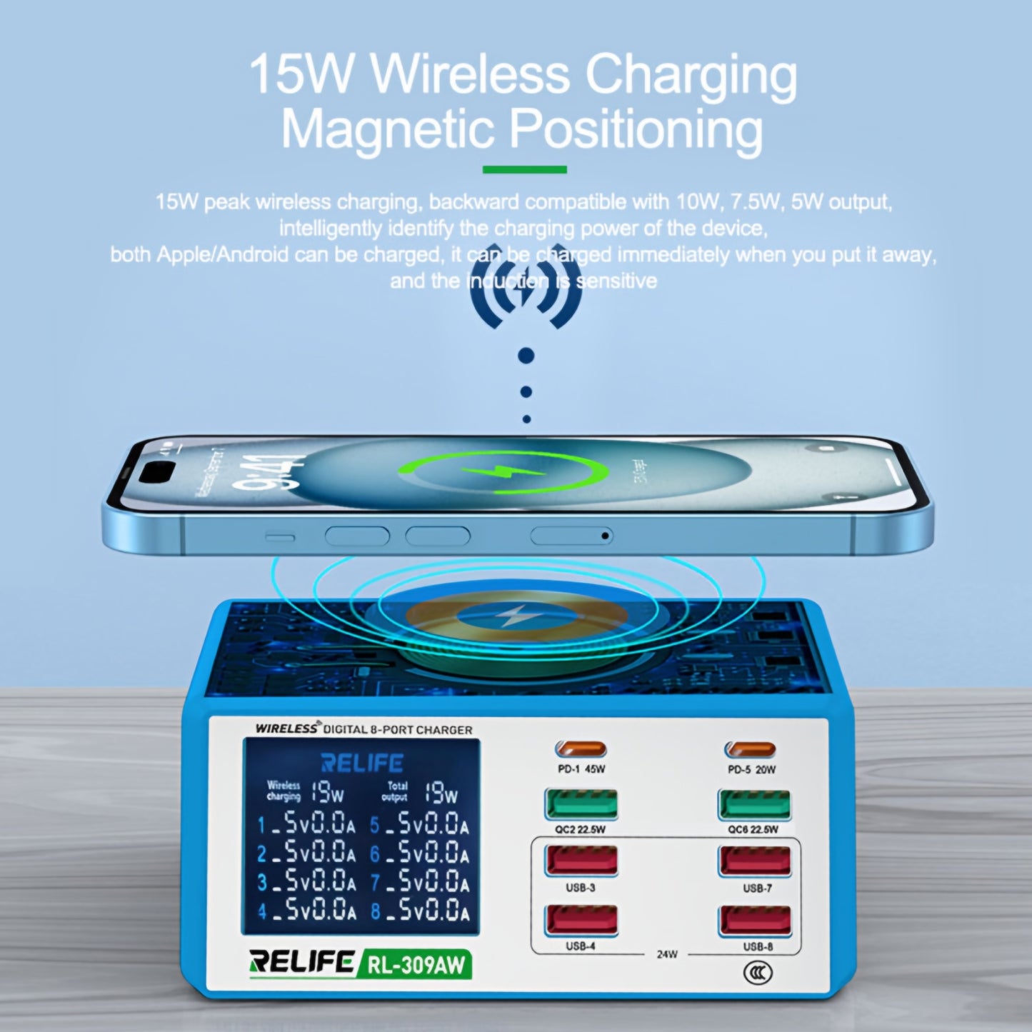 Ladestation Relife RL-309AW, 100W, 5A, 2 x USB-C - 6 x USB-A, Blau