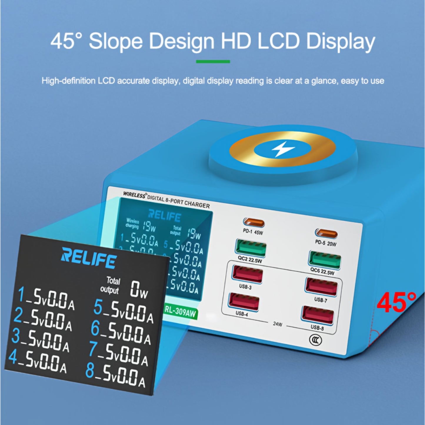 Ladestation Relife RL-309AW, 100W, 5A, 2 x USB-C - 6 x USB-A, Blau