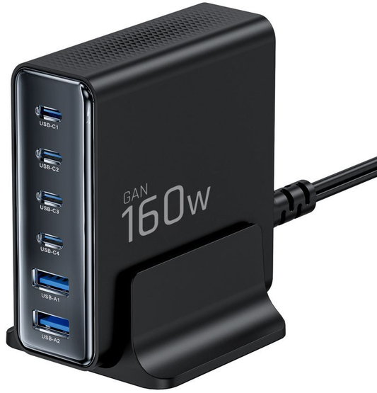 Ladestation Tech-Protect DC160W-GAN, 160W, 5A, 2 x USB-A - 4 x USB-C, Schwarz
