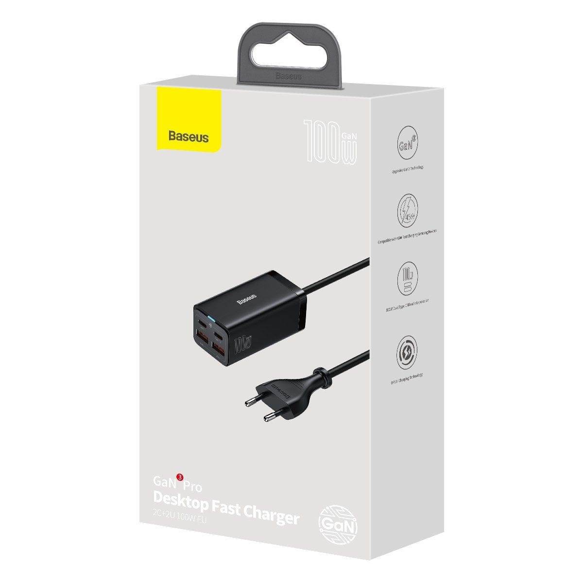 USB-C Ladestation Baseus GaN3 Pro, 100W, 5A, 2 x USB-A - 2 x USB-C, Schwarz, Wiederverpackt CCGP000101