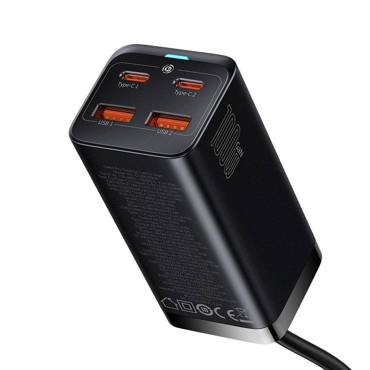 USB-C Ladestation Baseus GaN3 Pro, 100W, 5A, 2 x USB-A - 2 x USB-C, Schwarz, Wiederverpackt CCGP000101
