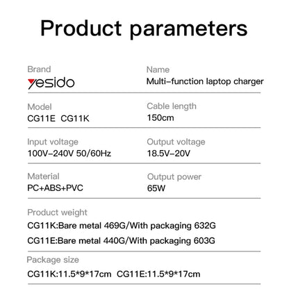 Yesido CG11E Ladegerät, 65W, Universal, Schwarz