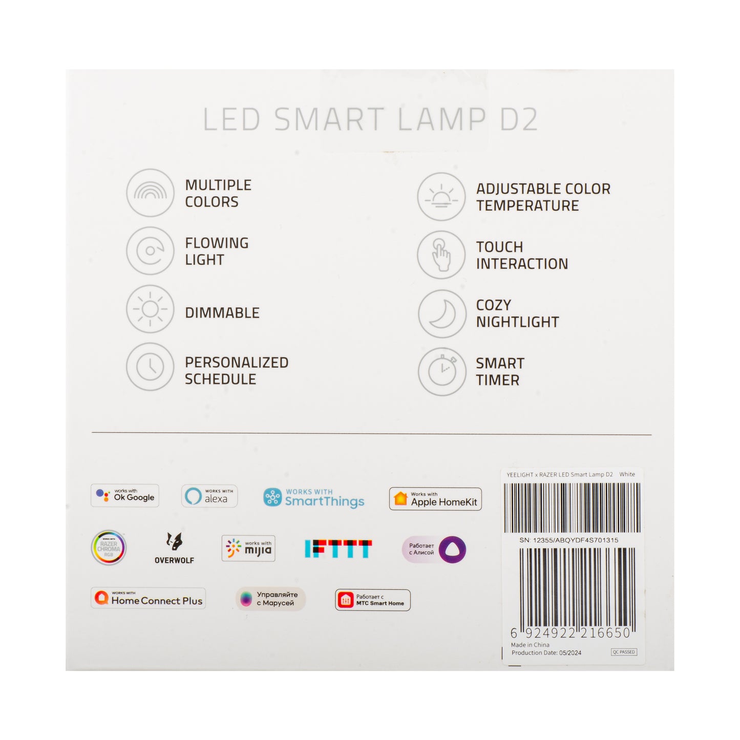 LED-Nachtlicht Yeelight D2 von Razer, Wi-Fi, 5W, 1700K - 6500K, 240lm, RGB, Weiß, Wiederverpackt YLCT01YL