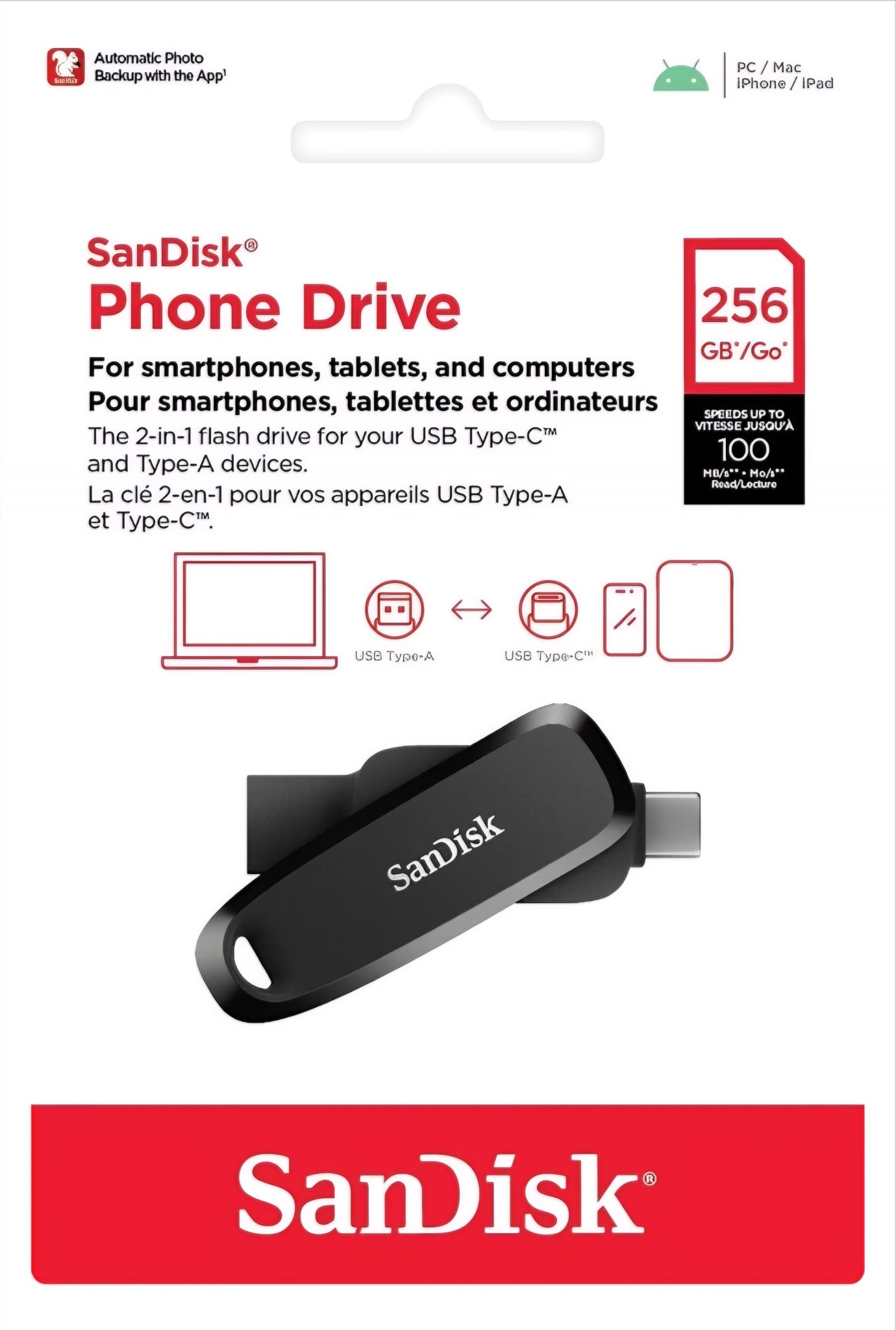 Externer Speicher USB-A 3.2 / USB-C SanDisk Phone Drive, 256Gb SDDDC6-256G-G46