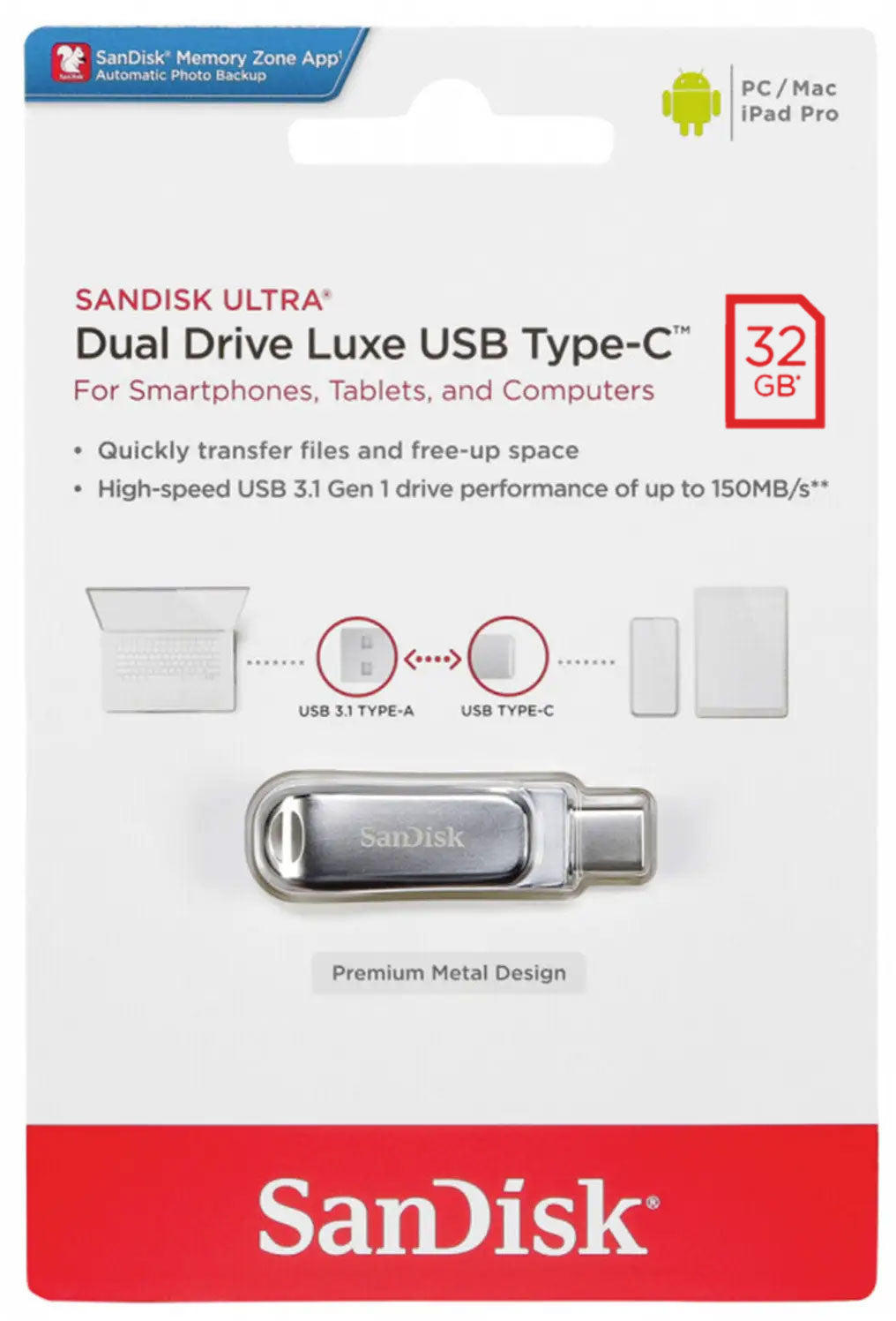Externer Speicher USB-A 3.2 / USB-C SanDisk Ultra Luxe Dual Drive, 32Gb SDDDC4-032G-G46