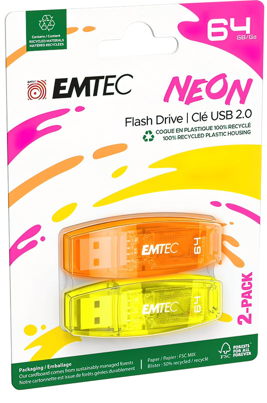 Externer USB-A Speicher Emtec C410 Neon, 64Gb, Set 2 Stück ECMMD64GC41