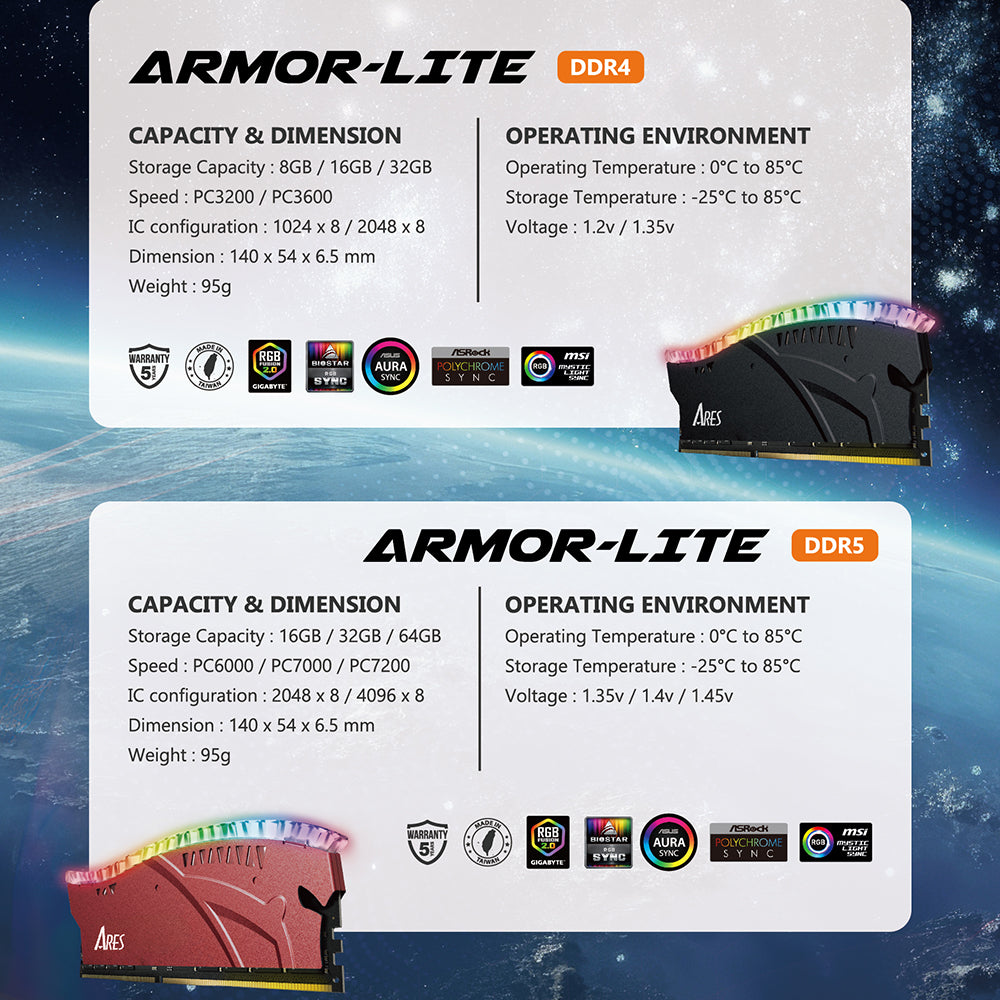 Dato Ares Armor Lite RAM, DDR4, RGB, 8GB, 3200Mhz, CL16, Red ARB8G4R32