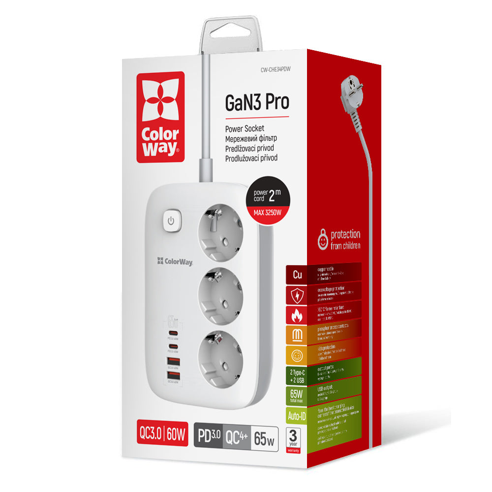 Verlängerungskabel ColorWay, 3 x Schuko, Weiß