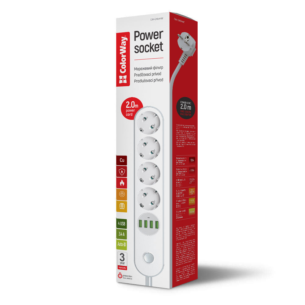 Verlängerungskabel ColorWay, 4 x Schuko, Weiß
