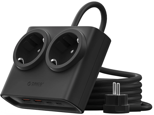 Orico-Verlängerungskabel PDC25, 2 x Schuko - 2 x USB-A - 2 x USB-C, Schwarz