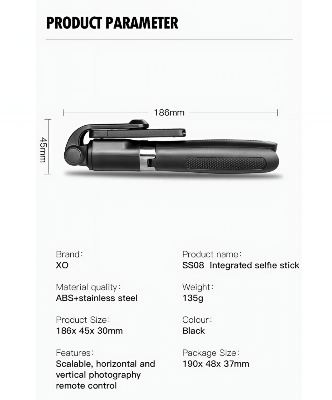 Selfie Stick Bluetooth XO Design SS08, Universal, Schwarz