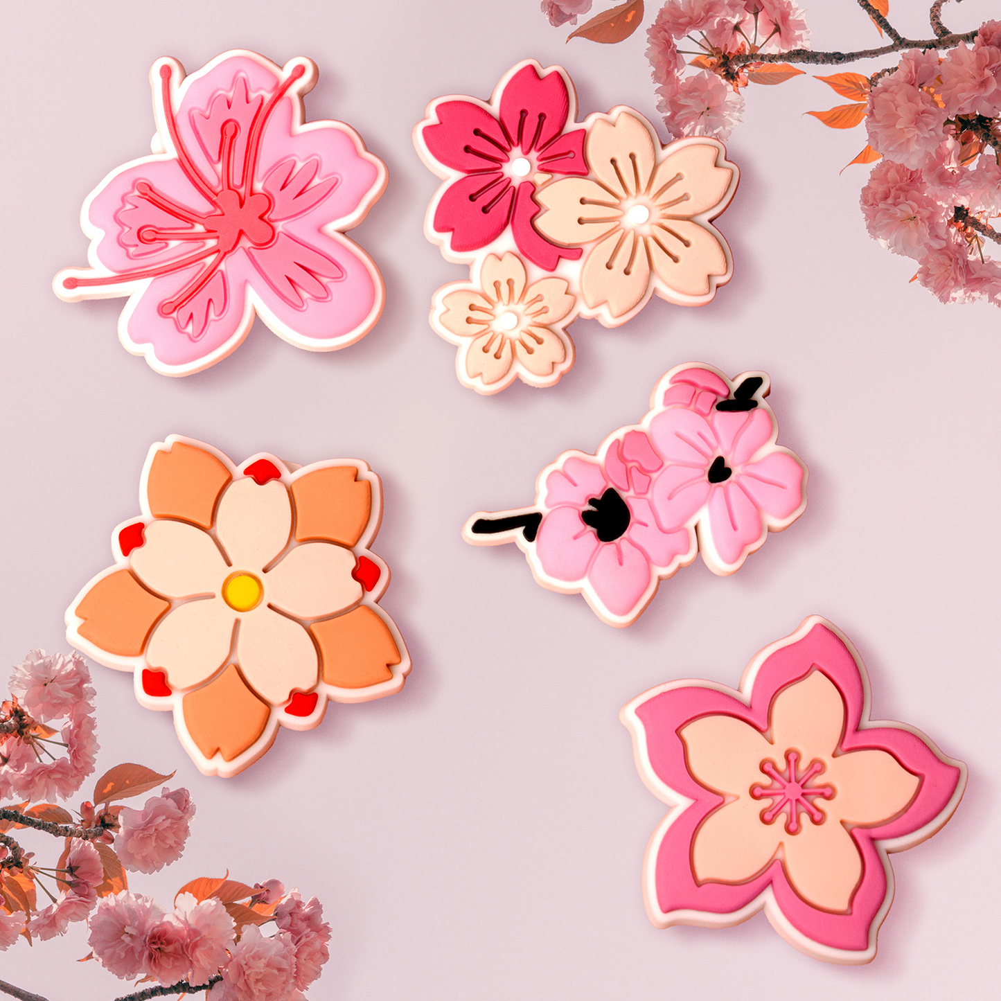 3D OEM Pink Blossom Aufkleber für Telefon-/Tablet-Hülle, 5 Stück Set, Mehrfarbig