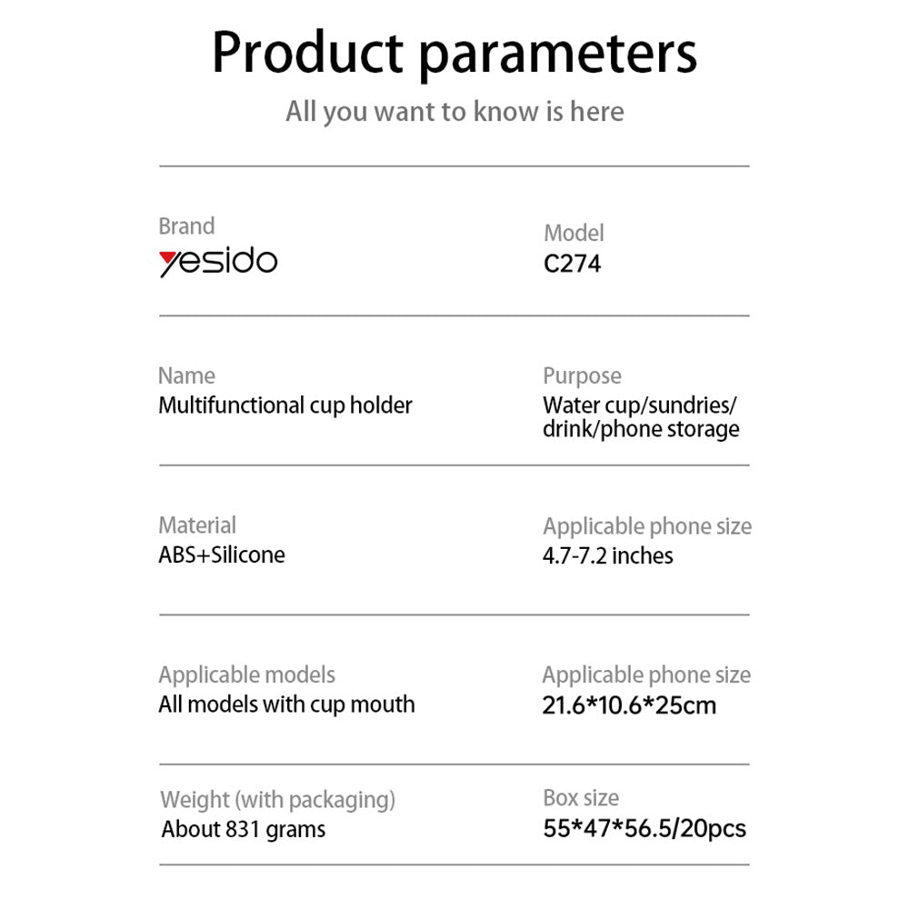 Autohalterung Yesido C274, 4,7 Zoll - 7,2 Zoll, Schwarz